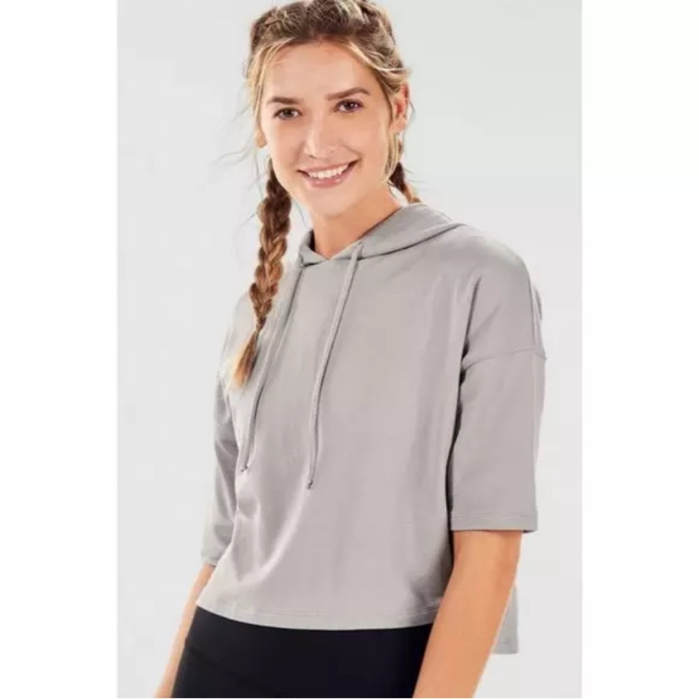 Cropped short sleeve pullover hoodie by Fabletics, medium, heather grey MSRP$59